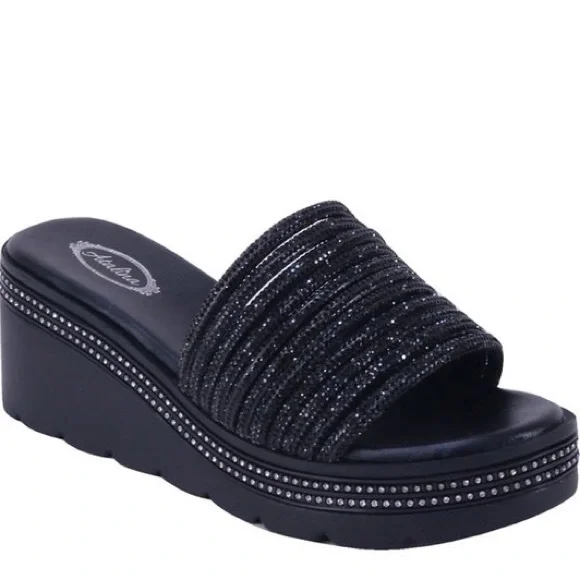 Restock!  White Platform Silver Rhinestone Embellished Wedge Slide-In Sandals - Picture 10 of 12